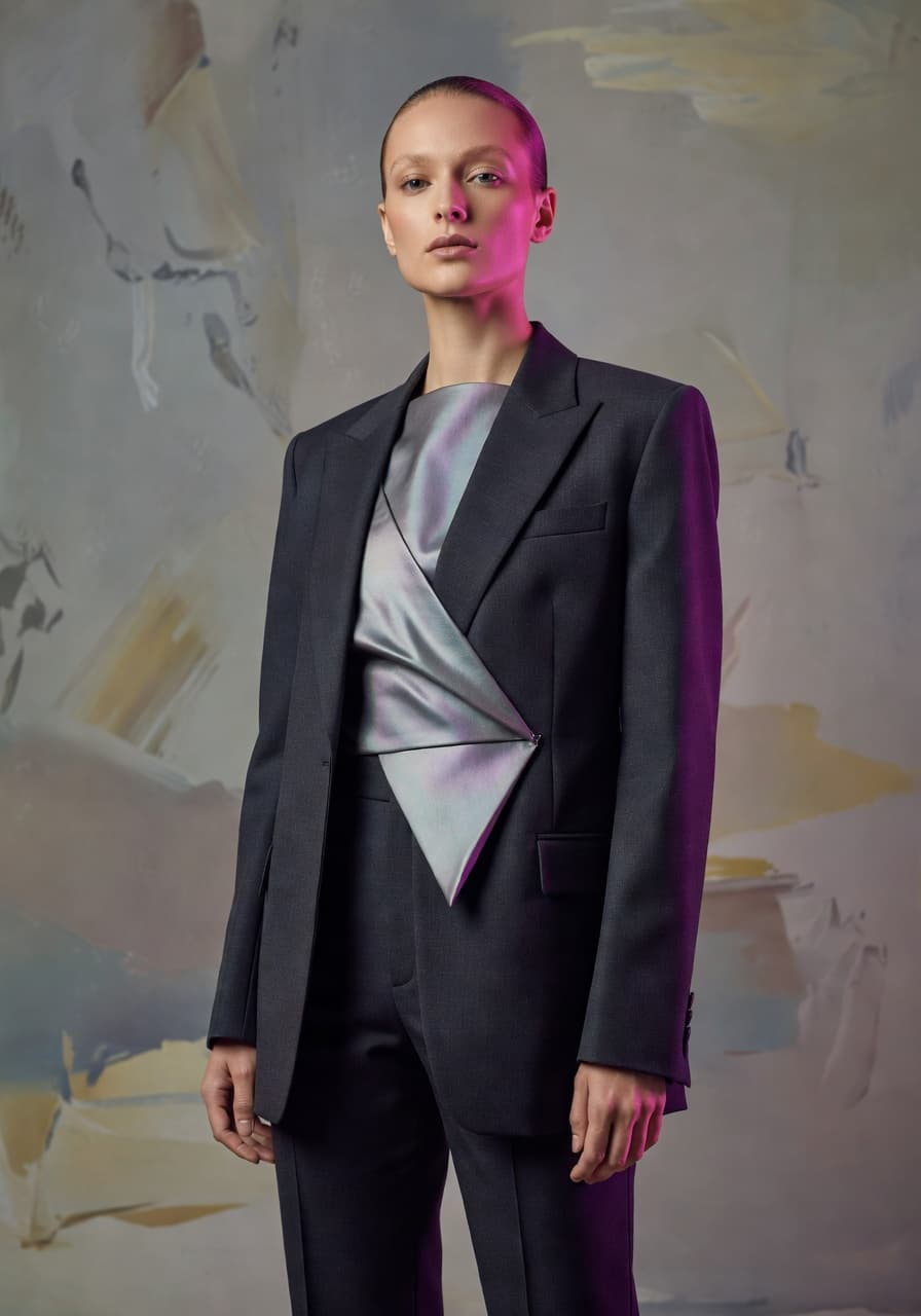 Editorial fashion AI portrait with magenta gel light — SelfAI AI Portrait Generator