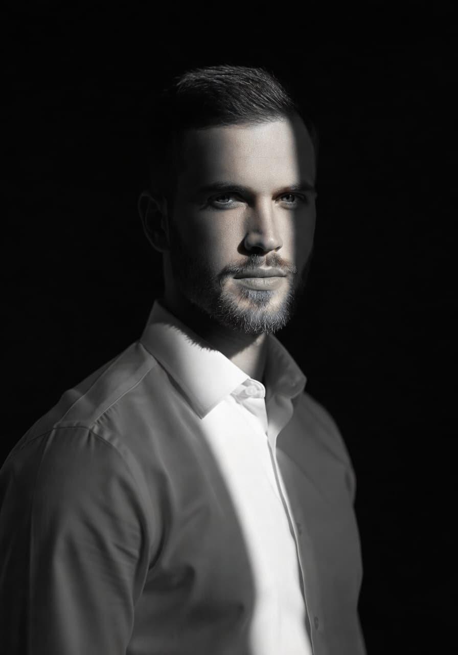 Monochrome AI portrait generated by SelfAI — editorial black and white headshot