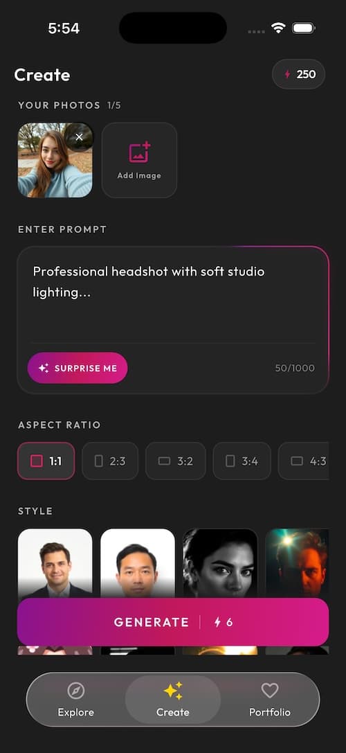 SelfAI mobile app screenshot — AI Headshot Generator style picker