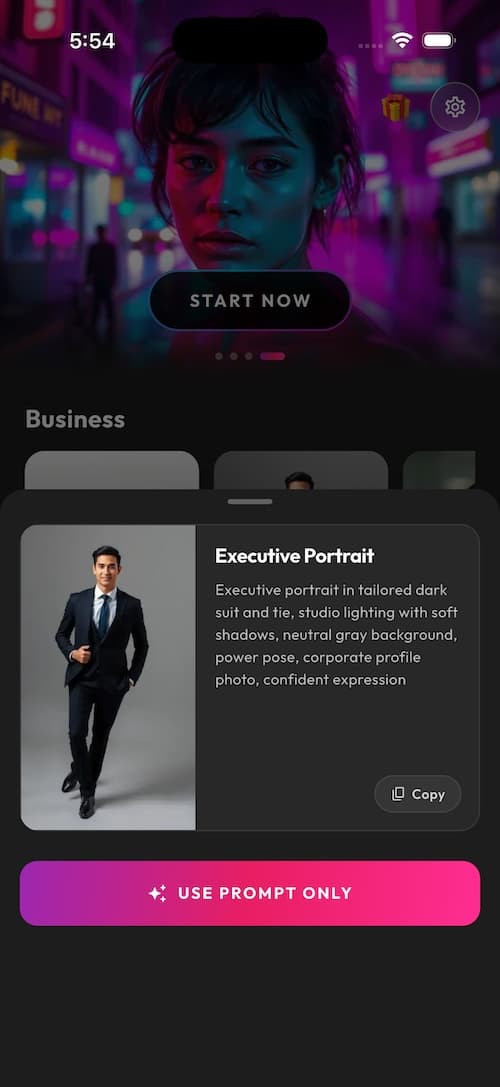 SelfAI mobile app screenshot — AI portrait results gallery